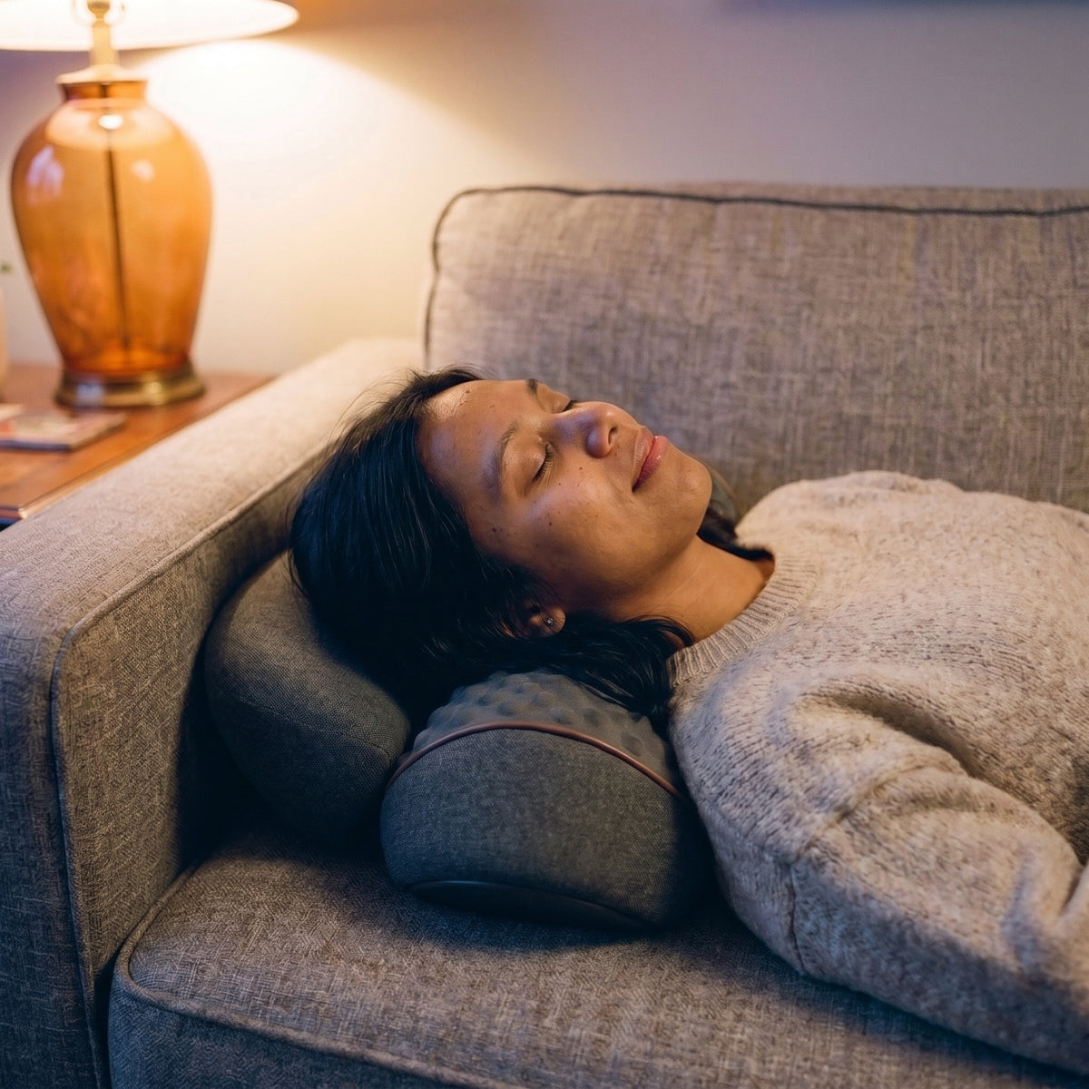 Close-up of a woman resting, eyes closed, on the Napewell neck roll