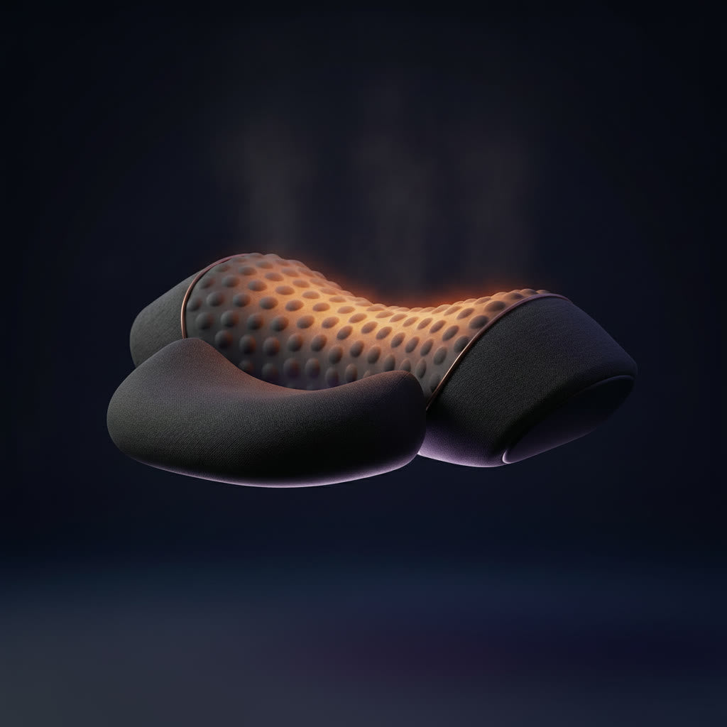 Evenglow heated neck pillow with warm amber light glowing from inside the neck roll, the crescent head cushion in front