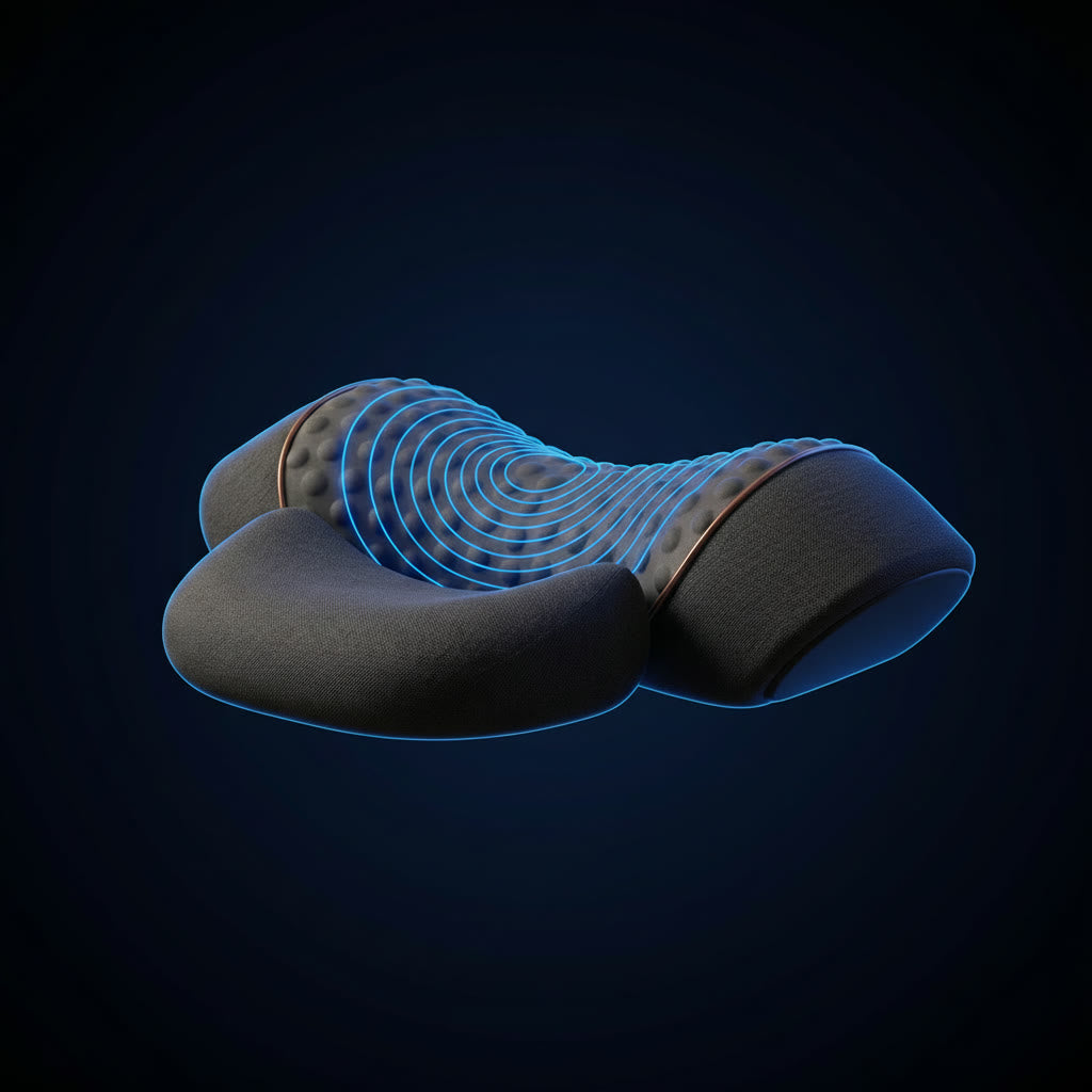 Evenglow neck massager pillow with blue vibration rings across the massage nodules