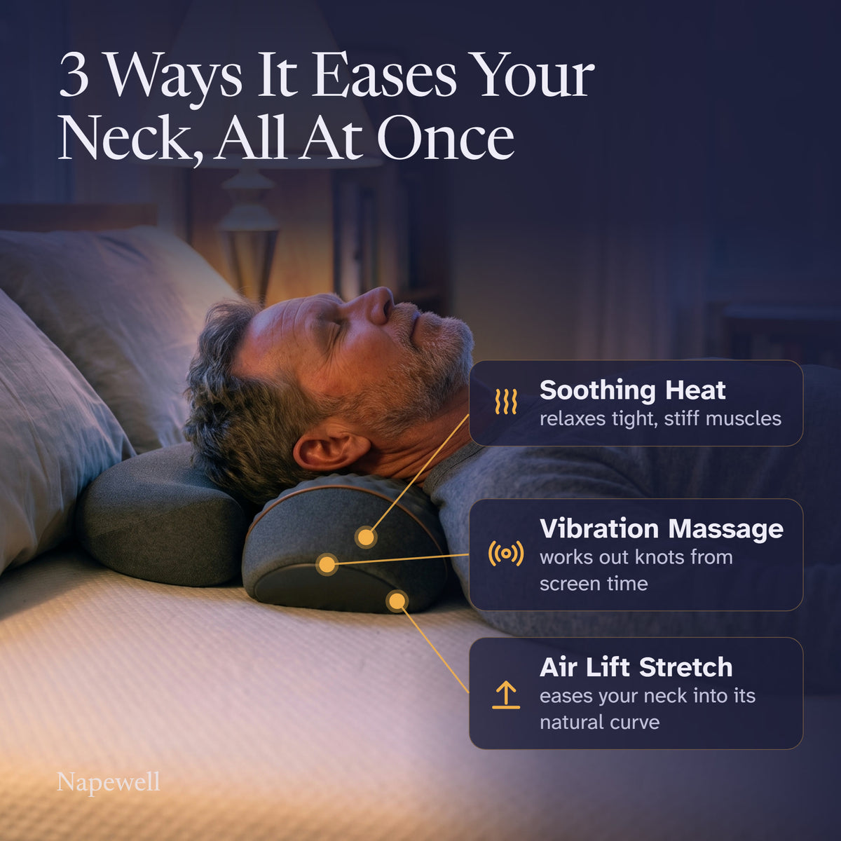 3 ways it eases your neck: soothing heat, vibration massage and an air lift stretch