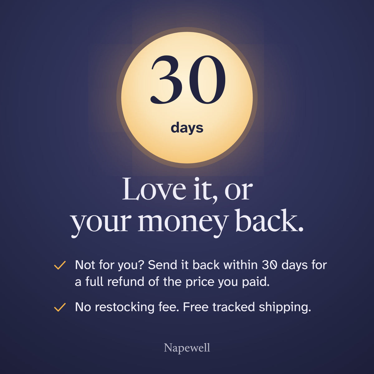 30-day money-back guarantee: send it back within 30 days for a full refund of the price you paid, no restocking fee, free tracked shipping