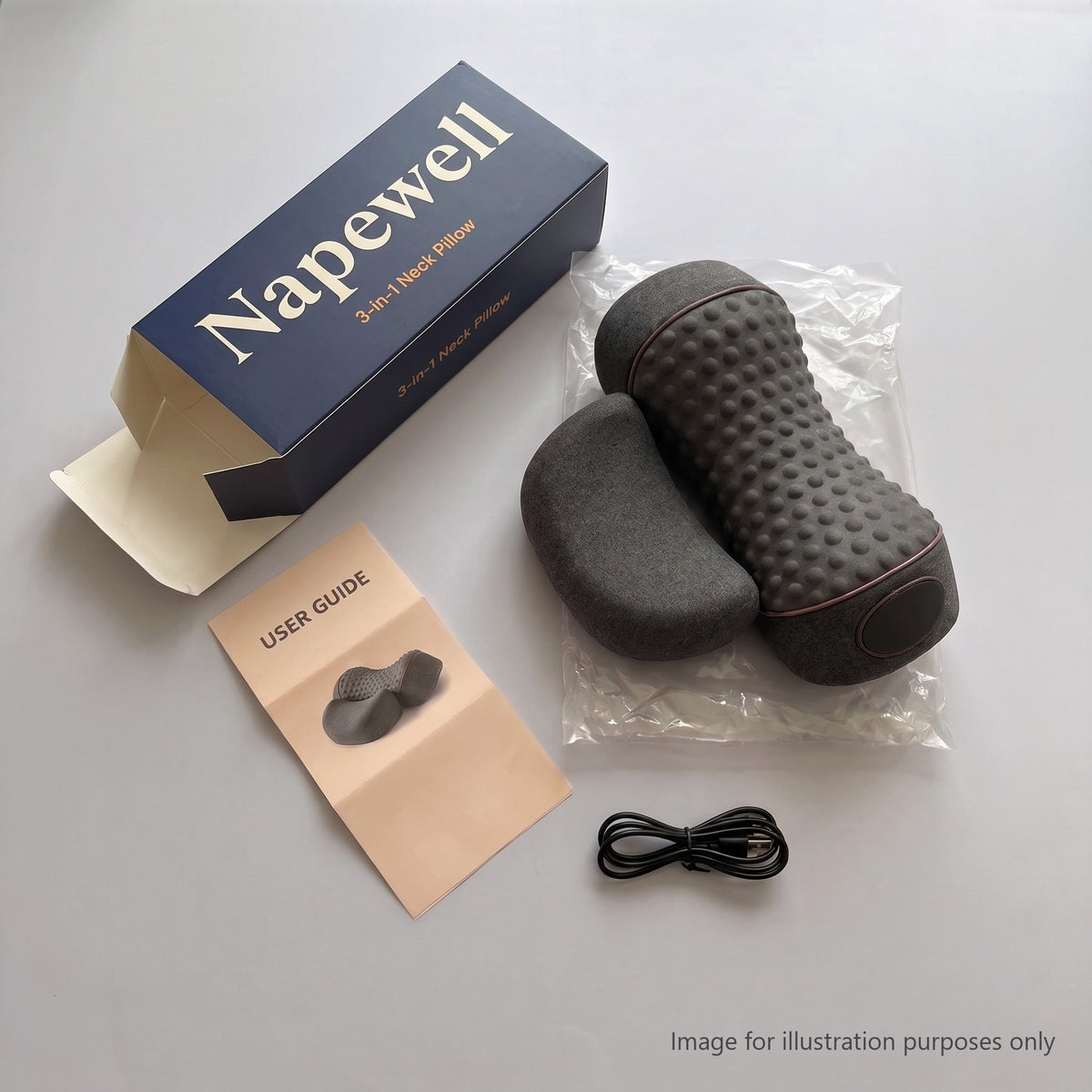 What's in the box: neck roll, head cushion, charging cable and user guide in a Napewell box (image for illustration purposes only)