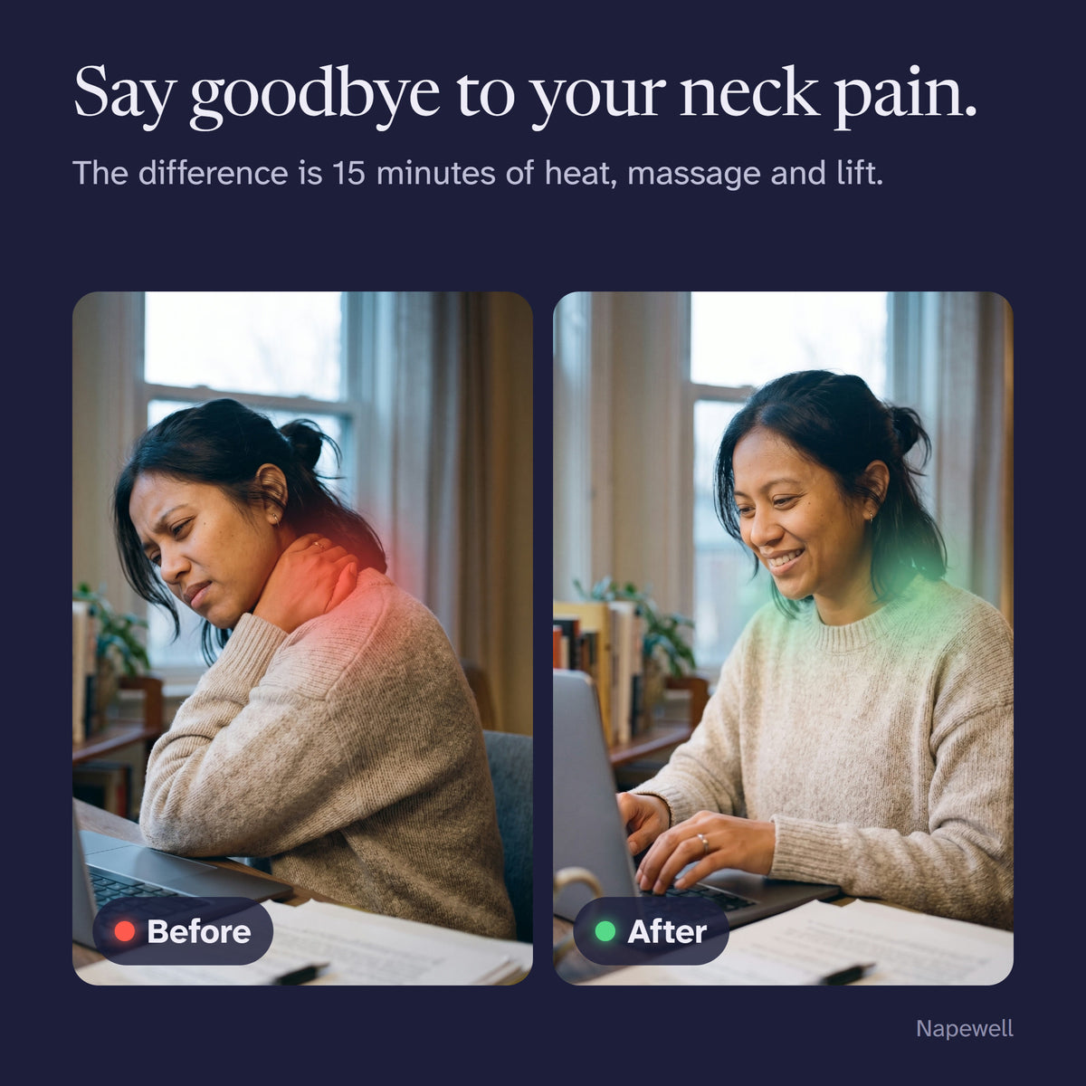Say goodbye to your neck pain: the same woman at her desk, first holding a stiff neck, then smiling