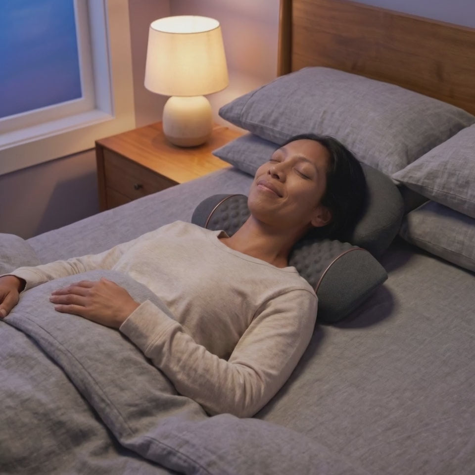 A woman lying flat in bed on the Napewell pillow, eyes closed, shown from three camera angles